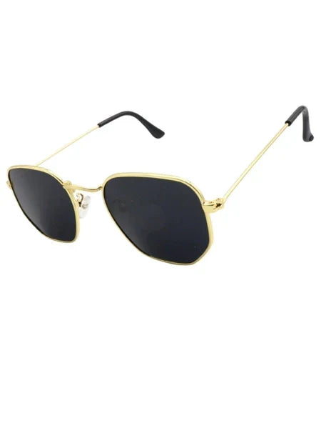 Óculos de Sol Hexagonal Clássico Dourado com Lente Preta UV400 Unissex